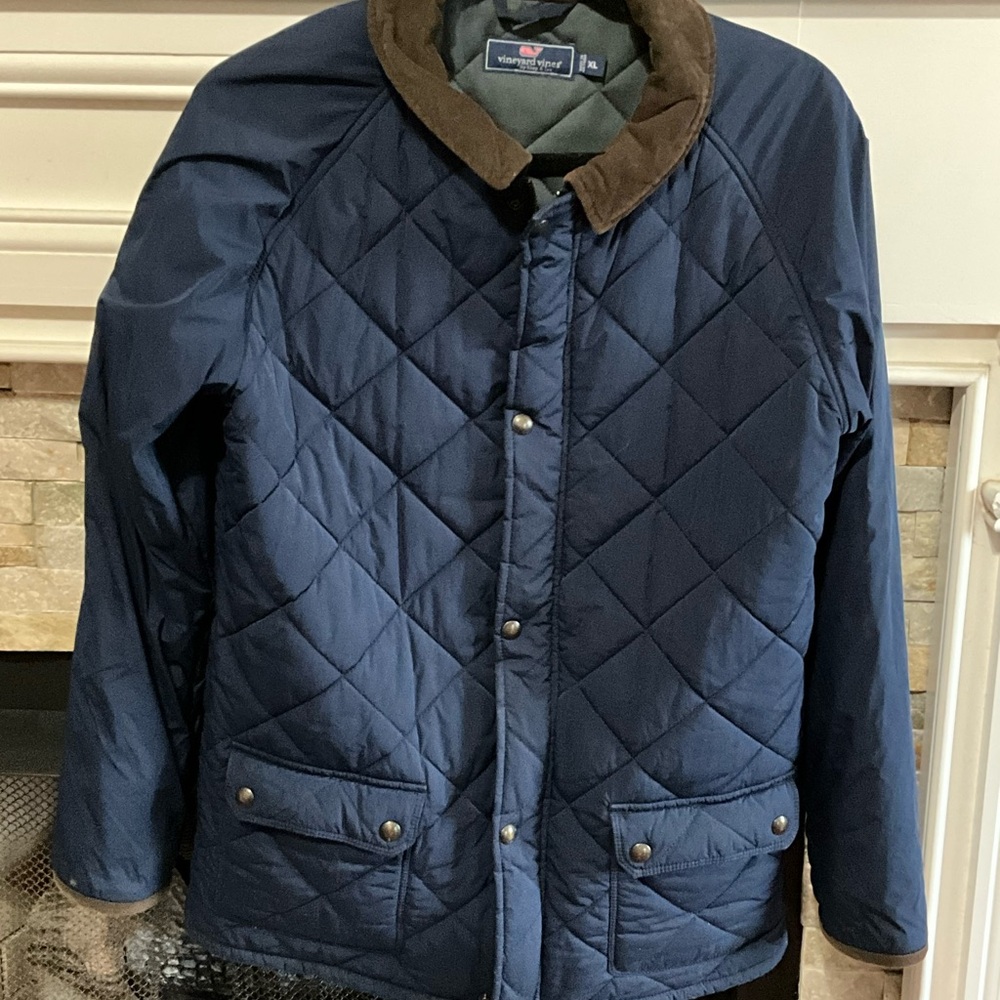 Vineyard Vines Navy Blue and Brown Puffer Jacket with Diamond Quilting